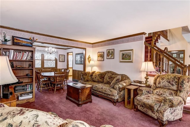 living room featuring a notable chandelier, ornamental molding, and carpet
