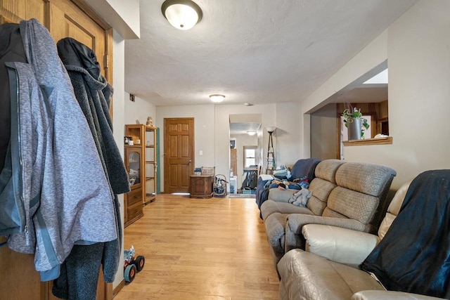 living room with a textured ceiling and light wood-type flooring