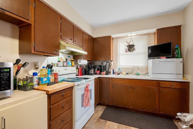 kitchen featuring white electric stove and sink