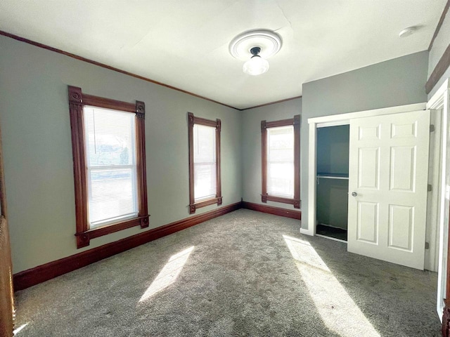 unfurnished bedroom featuring crown molding and carpet flooring