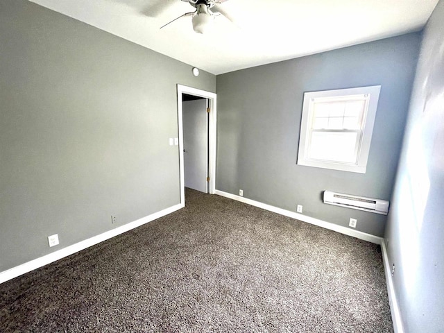 carpeted empty room with a wall mounted air conditioner and ceiling fan