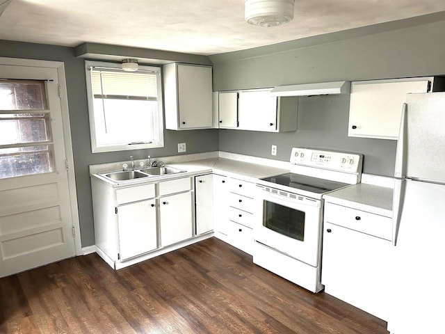 kitchen featuring sink, white appliances, range hood, white cabinets, and dark hardwood / wood-style flooring