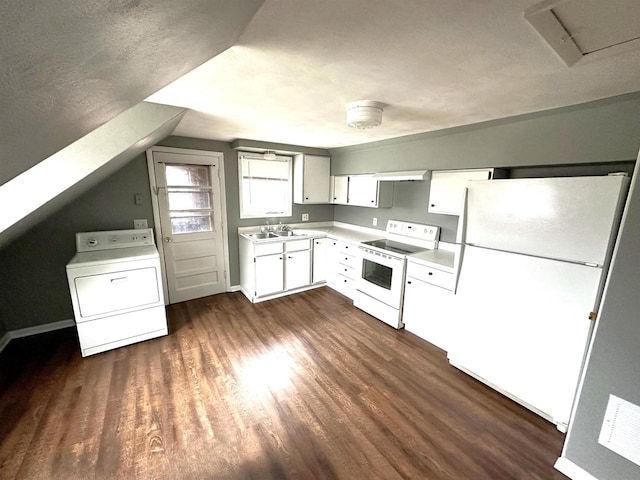 kitchen with lofted ceiling, white cabinetry, dark hardwood / wood-style flooring, white appliances, and washer / clothes dryer