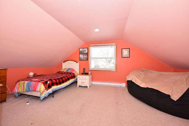 carpeted bedroom with lofted ceiling and a baseboard heating unit