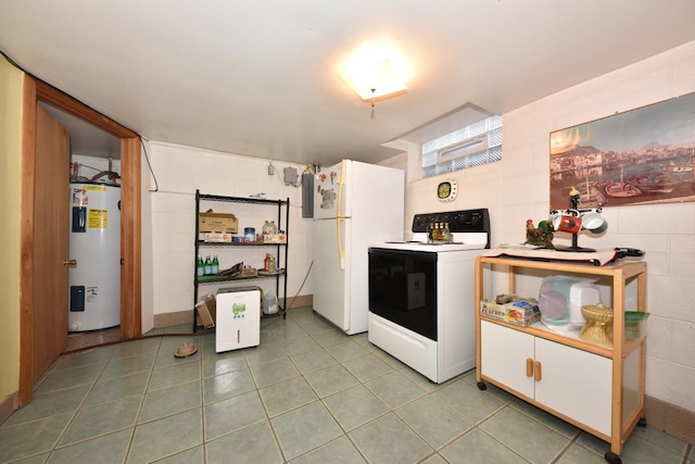 kitchen with electric range oven, electric water heater, white cabinets, and white fridge