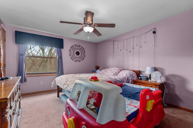 bedroom featuring ceiling fan and light colored carpet