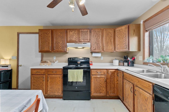 kitchen featuring sink, black appliances, and ceiling fan