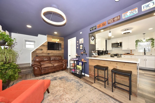 living room with light hardwood / wood-style flooring