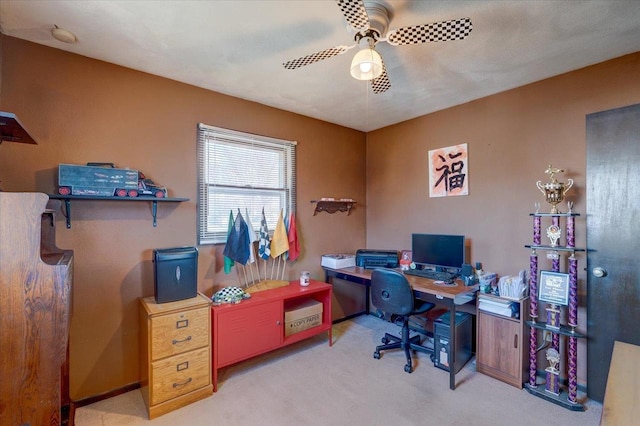 office featuring light colored carpet and ceiling fan