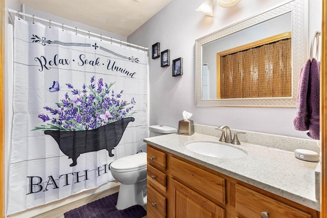 bathroom with vanity, hardwood / wood-style floors, and toilet