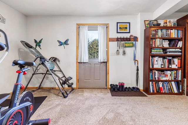 workout area featuring carpet flooring