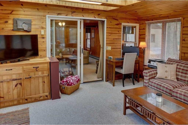 carpeted living room with a baseboard radiator, lofted ceiling, wooden walls, and wooden ceiling