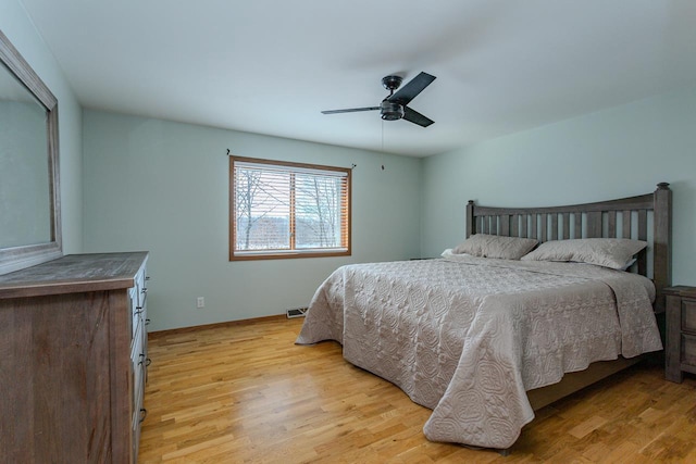 bedroom with ceiling fan and light hardwood / wood-style flooring