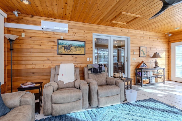 tiled living room with wooden walls, wooden ceiling, and an AC wall unit