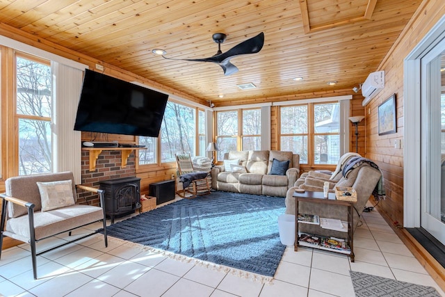 interior space with a healthy amount of sunlight, a wood stove, wooden ceiling, and a wall unit AC