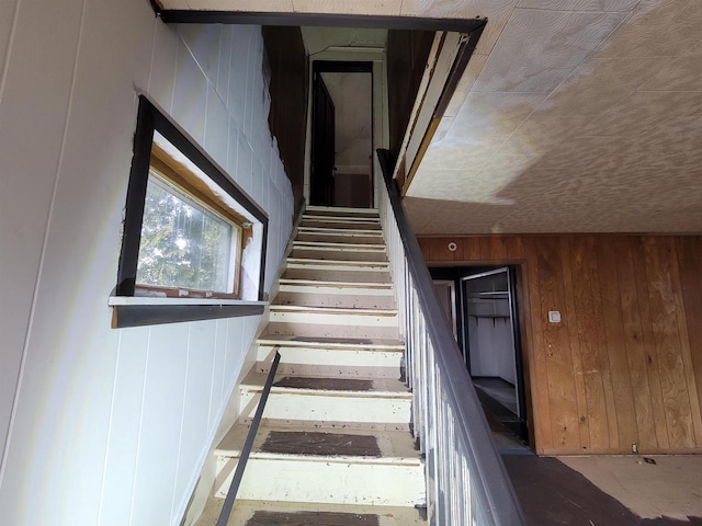 staircase with wood walls