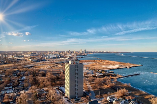 aerial view featuring a water view