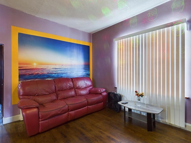 living room with dark hardwood / wood-style floors and a textured ceiling