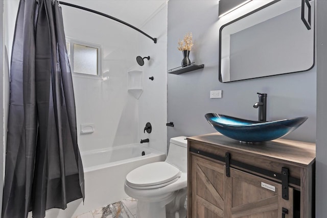 full bathroom featuring vanity, shower / tub combo with curtain, and toilet