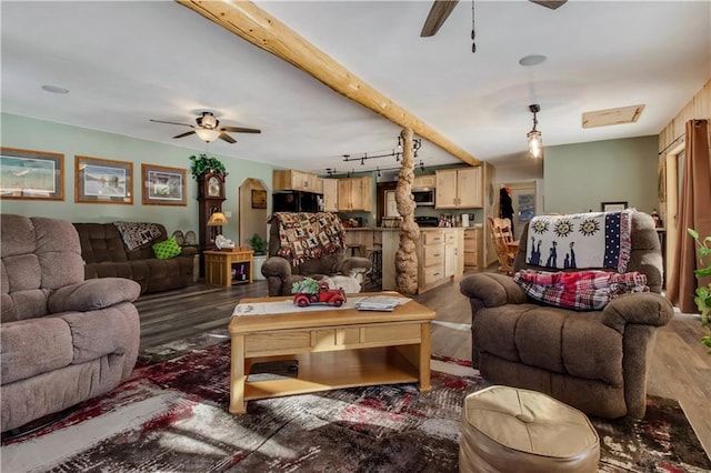 living room featuring ceiling fan and dark hardwood / wood-style flooring