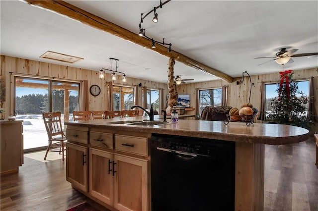 kitchen with pendant lighting, sink, ceiling fan, black dishwasher, and an island with sink