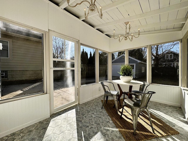 sunroom / solarium with wood ceiling, an inviting chandelier, and vaulted ceiling with beams