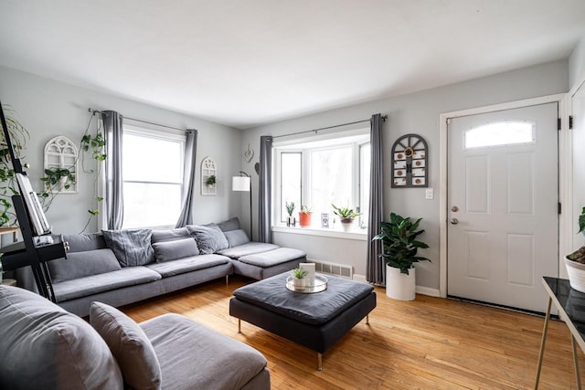 living room featuring plenty of natural light and light wood-type flooring