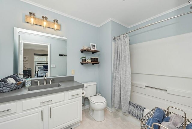 full bathroom featuring ornamental molding, toilet, shower / bathtub combination with curtain, and vanity