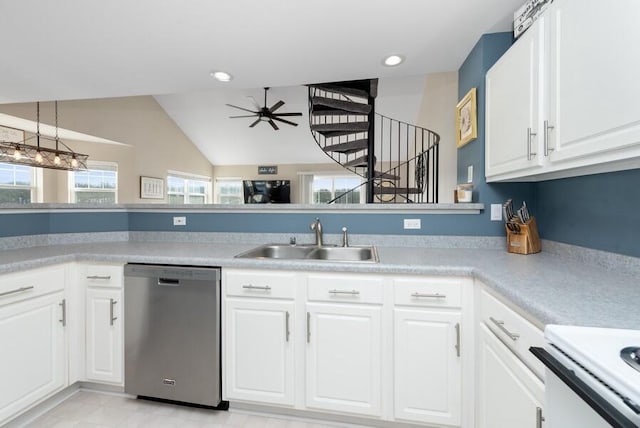 kitchen with white cabinetry, ceiling fan, dishwasher, and sink