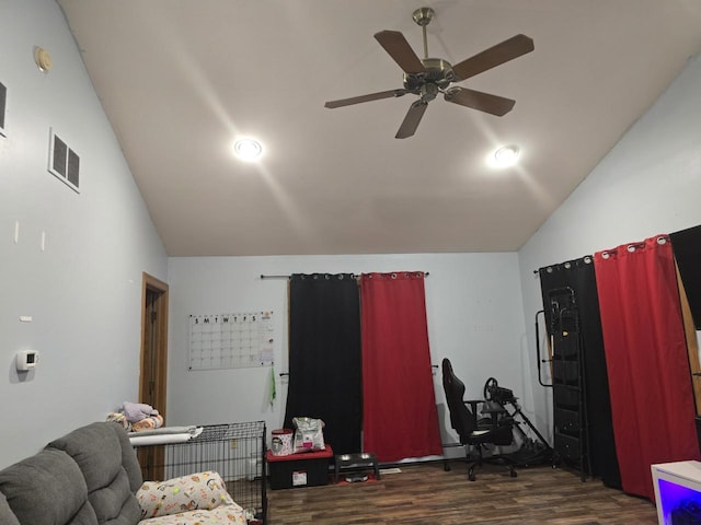 living room featuring ceiling fan, lofted ceiling, and dark hardwood / wood-style flooring