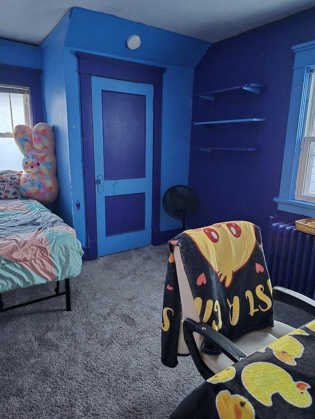 carpeted bedroom featuring radiator heating unit and vaulted ceiling