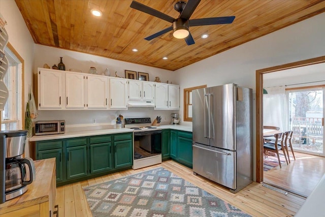 kitchen with wood ceiling, white electric range, stainless steel fridge, and green cabinetry