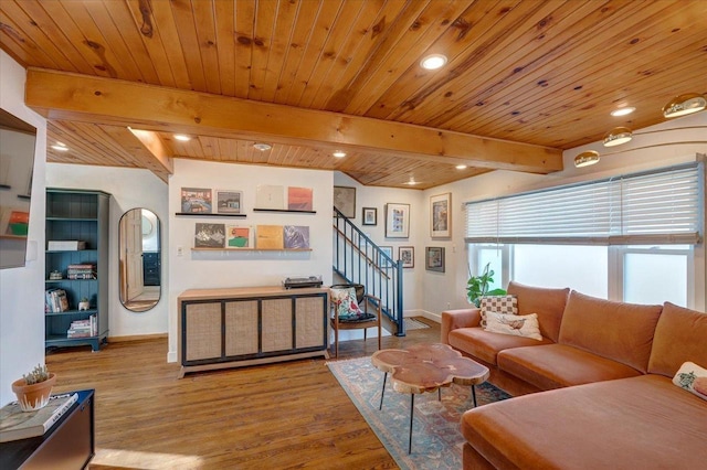 living room featuring wood ceiling, beam ceiling, and light wood-type flooring