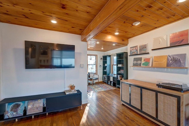 living room with beam ceiling, dark wood-type flooring, and wooden ceiling