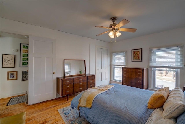 bedroom featuring ceiling fan and light wood-type flooring