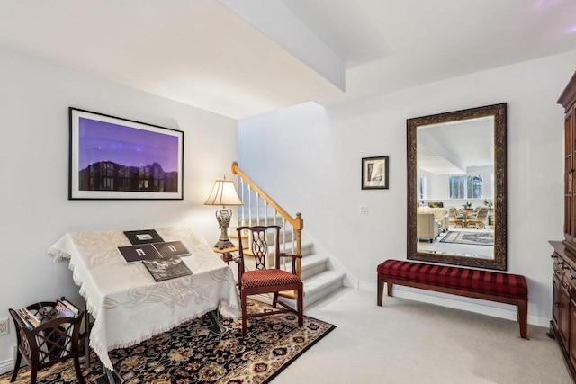 sitting room with light colored carpet