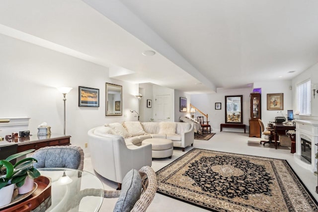 living room featuring light colored carpet