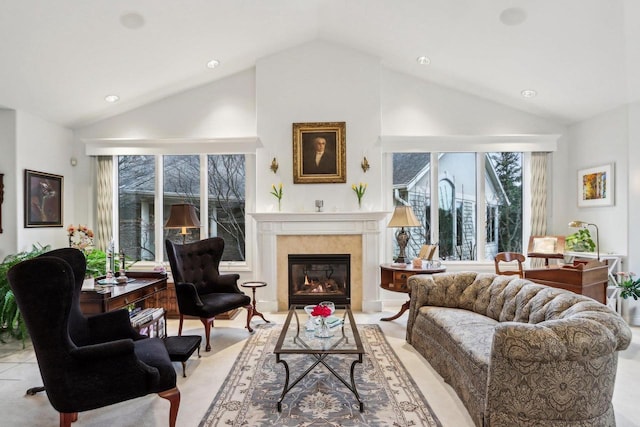 living area featuring a fireplace and high vaulted ceiling