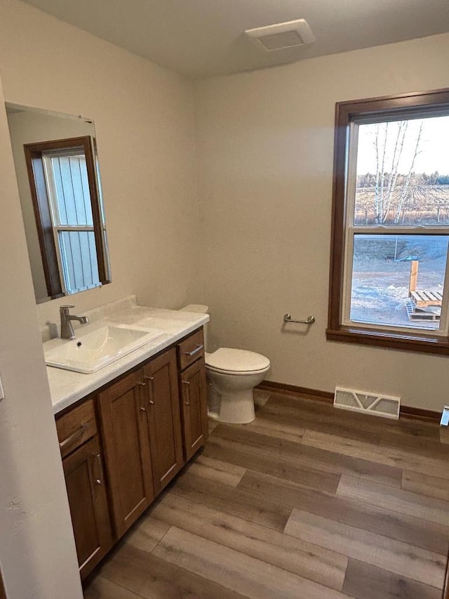 bathroom featuring vanity, hardwood / wood-style flooring, and toilet