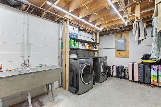 laundry room with electric panel, sink, and washer and dryer