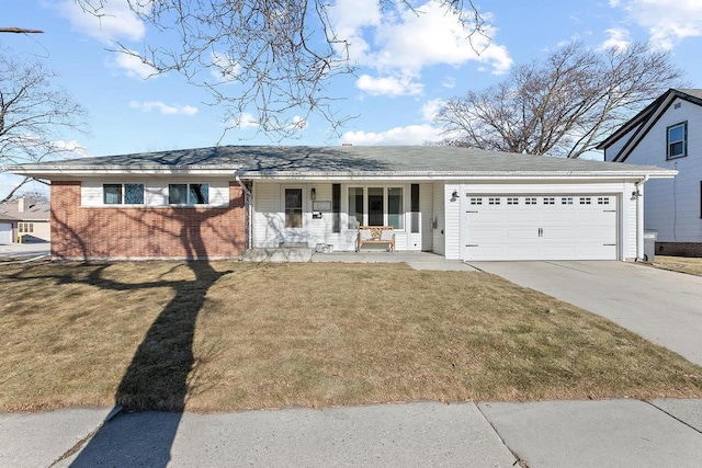 ranch-style home with a garage, a front yard, and covered porch