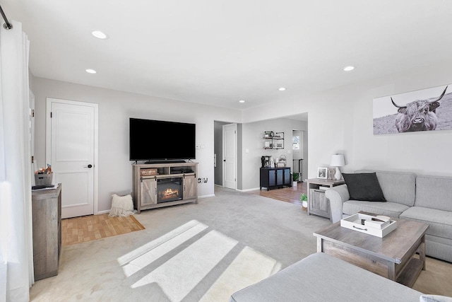 living room featuring light colored carpet