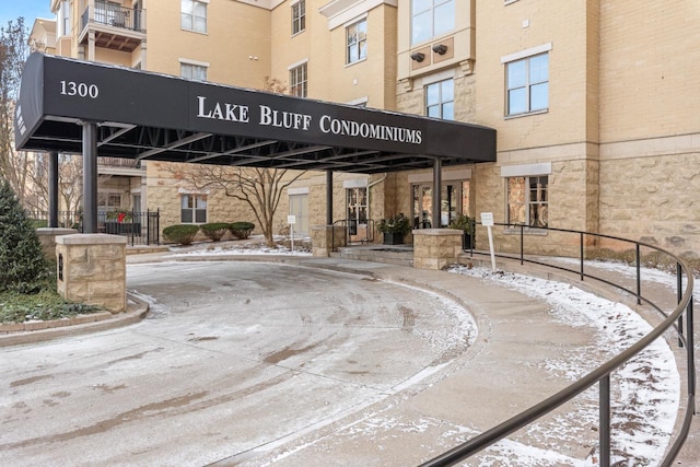 view of snow covered building