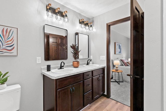 bathroom with wood-type flooring, toilet, and vanity