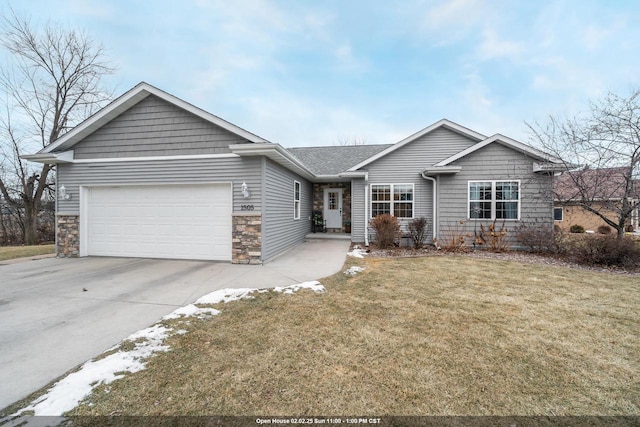 single story home with a garage and a front lawn