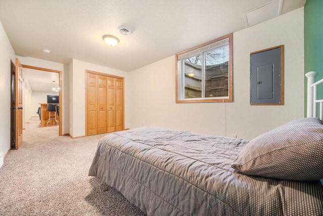 bedroom with carpet floors, electric panel, and a closet