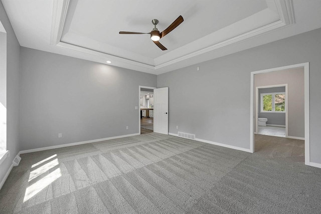 unfurnished room featuring a raised ceiling, ceiling fan, and carpet