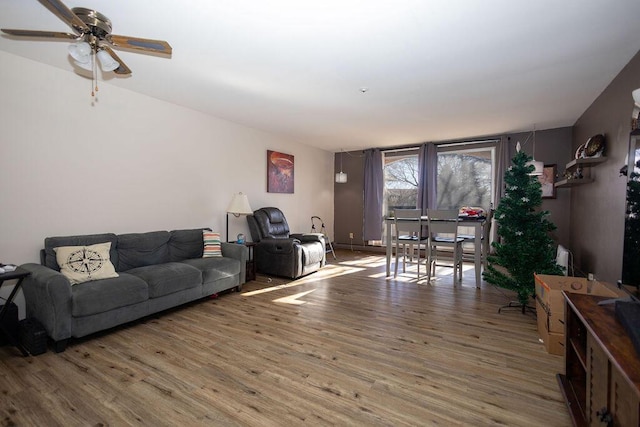 living room with ceiling fan and hardwood / wood-style floors