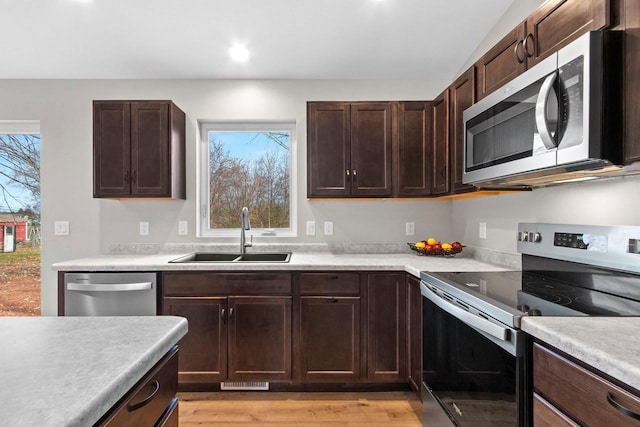 kitchen featuring appliances with stainless steel finishes, sink, a wealth of natural light, and light wood-type flooring