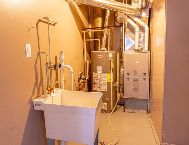 utility room featuring sink and water heater